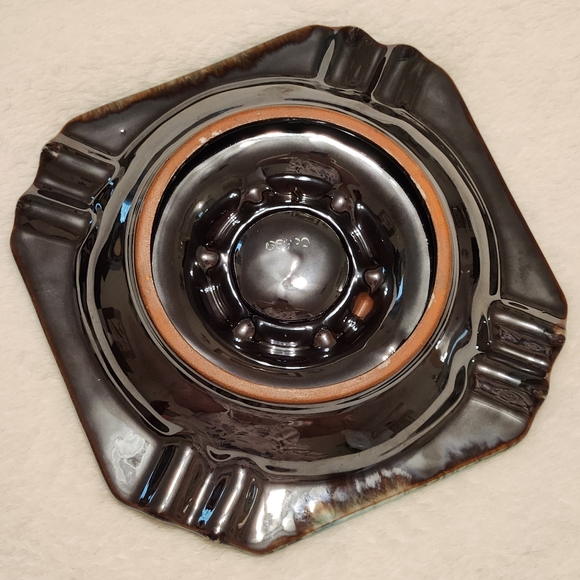 Mid-Century Modern Drip Glaze Ceramic Ashtray Blue and Brown 7 1/8" across - Picture 6 of 15
